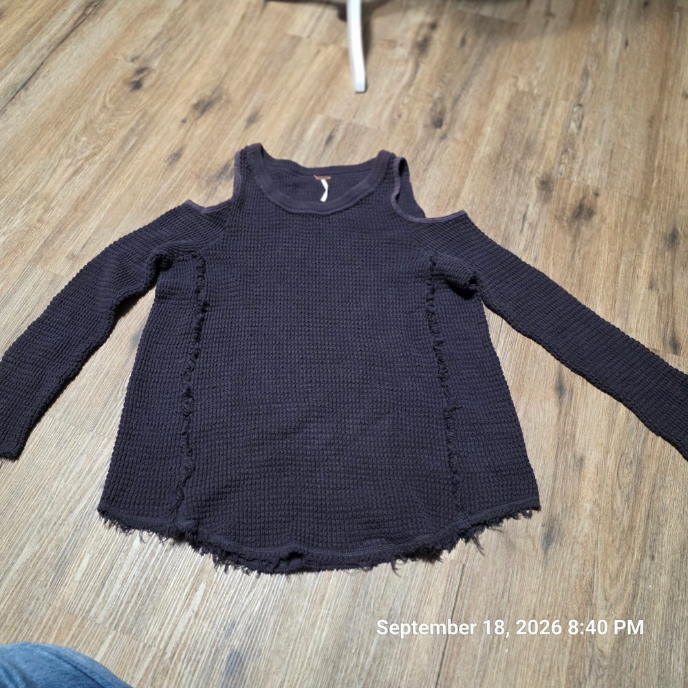 Free People Cold Shoulder Waffle Knit Thermal Top Dark Grey Distressed Medium